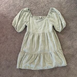 American Eagle Outfitters Sage Green Striped Puff-Sleeve Tiered Dress